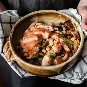 February 12, Pan Seared Salmon with Zucchini Fritters, or Cassoulet
